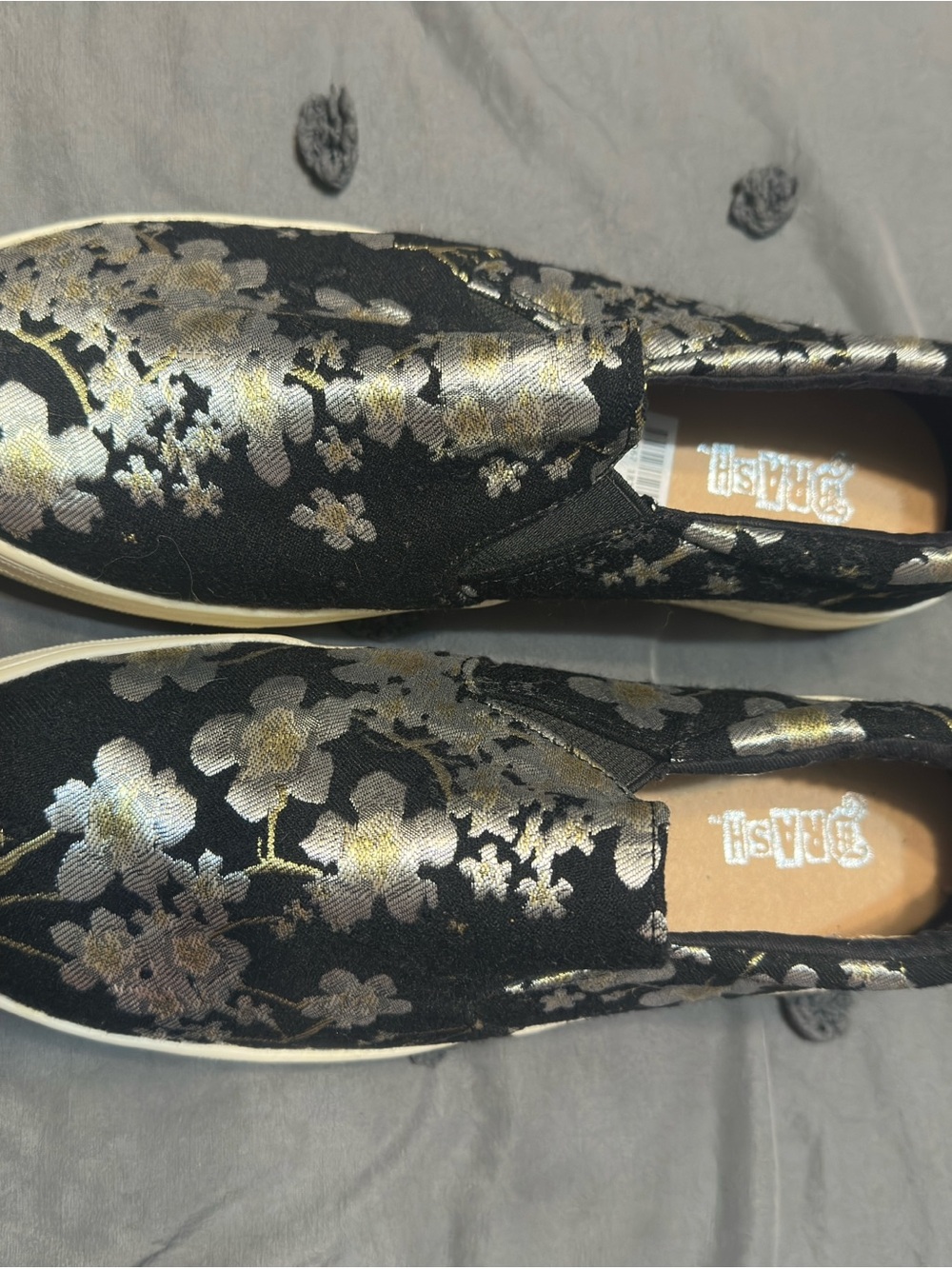 Brash Black and Gold Floral Slip-On Flats